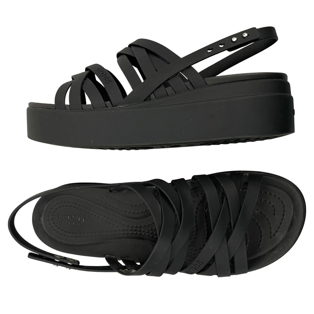 Crocs Size 9 Brooklyn Strappy LiteRide Stretch Sandal Black Platform Womens